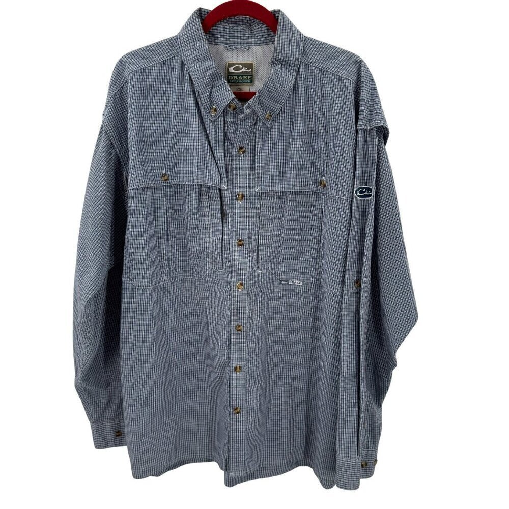 Drake Blue/White Vented Long Sleeve Shirt Mens 2XL Cotton/Polyester Blend Button